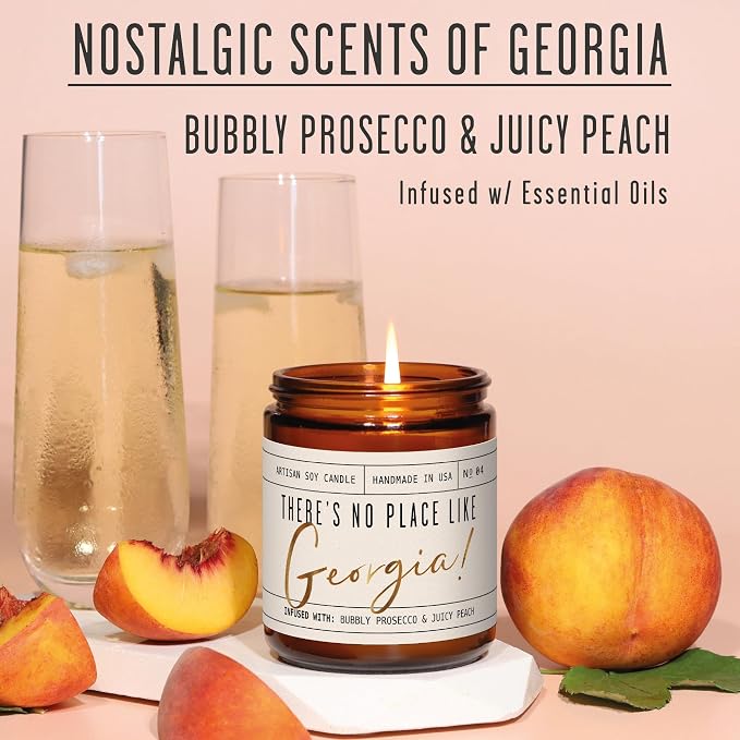 Georgia Gifts, Georgia Decor for Home - 'There's No Place Like Georgia Candle, w/Bubbly Prosecco & Juicy Peach I Georgia Souvenirs I Georgia State Gifts I 9oz Jar, 50Hr Burn, USA Made