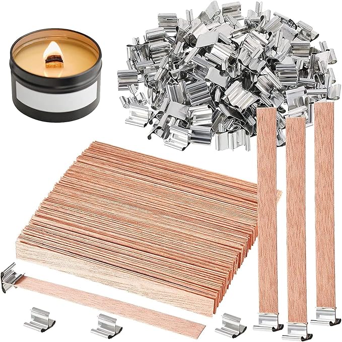 200 pcs Wooden Wicks for Soy Candle Making,6 inch Crackling Wooden Wicks/Slow Burning Candle Wick with Metal Base Clip 100 Sets