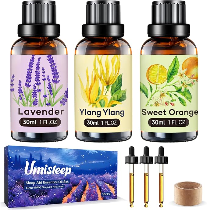 Umisleep High-Potency Essential Oils Set for Better Sleep & Relaxation - Long-Lasting Essential Oils for Diffusers, Aromatherapy, Humidifiers, Lavender, Sweet Orange, Ylang-Ylang, 3 x 30 ml, Gift Set