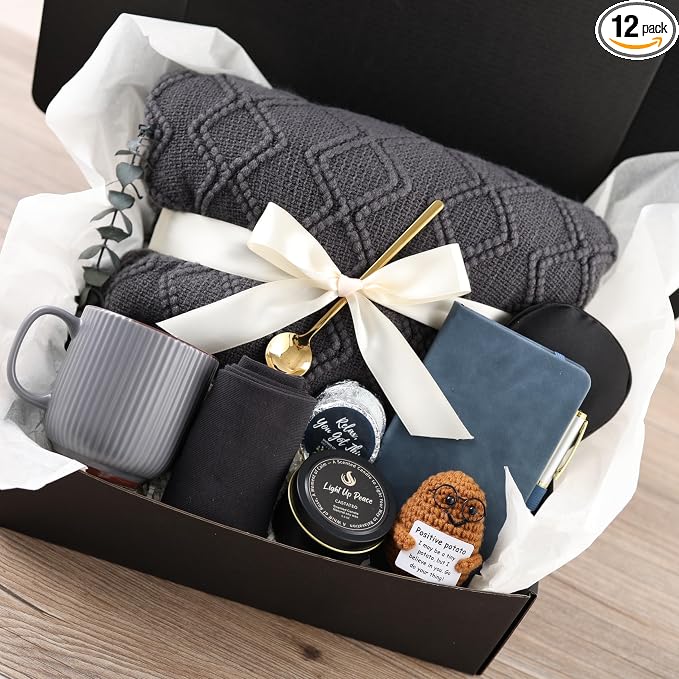 Get Well Soon Gift Baskets for Men&Women- Self Care Package/Brithday - After Surgery Recovery, Sympathy Gifts for Loss, Thinking of You/Grief/Bereavement/Miscarriage Gifts (Grey & Navy Blue)