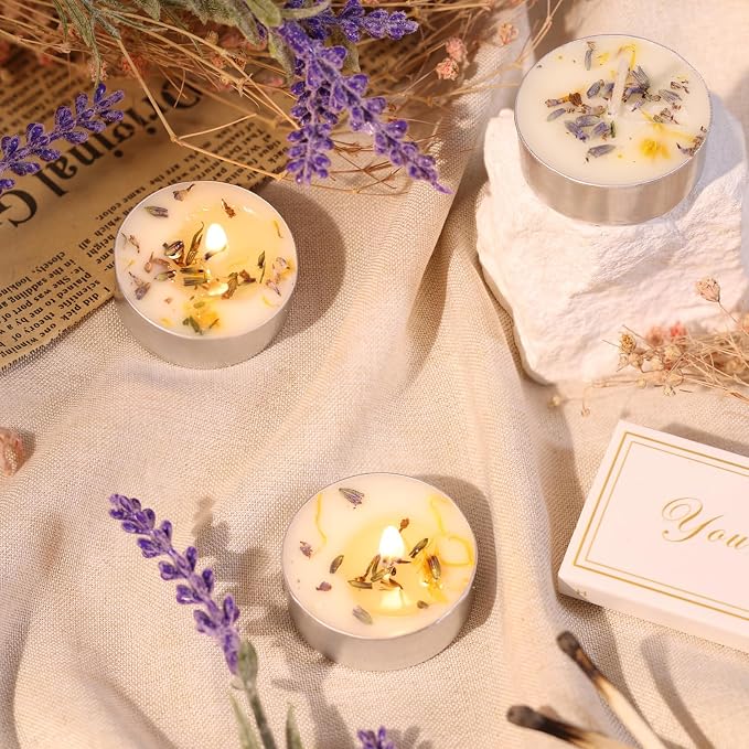 Lavender Scented Tealight Candles 64 Pack - 4-Hour Palm Wax White Tea Lights, Plant Dried Flower Scented Tea Candles (Paraffin-Free), Votive Candle for Home/Yoga/Bath/Meditation