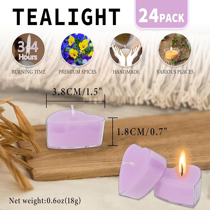 Violet Scented Heart Tealight Candles, Purple Scent Tea Lights Candles Clear Cup, 24 Pack Colored Tealights Candle, 4 Hour Burn Time Tea Candles for Weddings Romantic Valentine's Day Decor