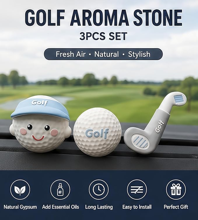 Golf Car Air Freshener Vent Clip Set (3 Pack), Plaster Diffuser, Cute Car Accessories (Essential Oil Not Included)