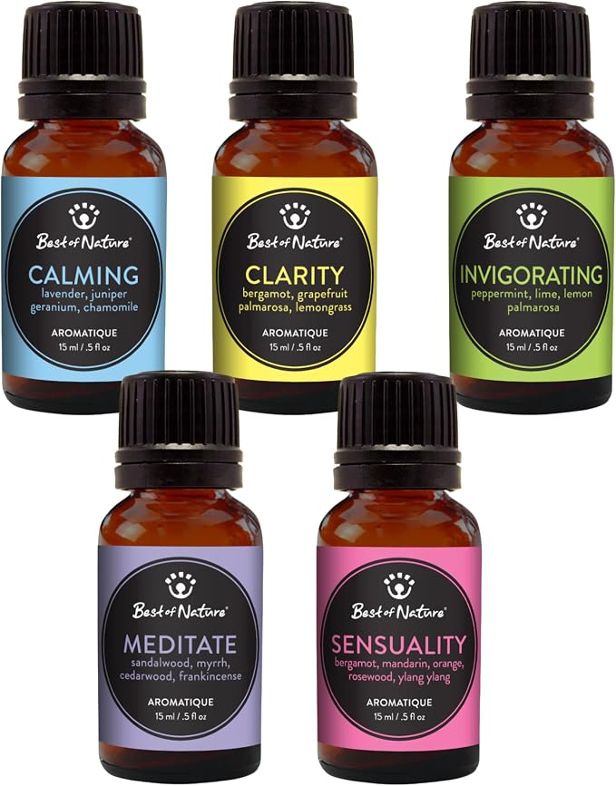 Best of Nature Essential Oil Blend Set – Calming, Clarity, Invigorating, Meditate & Sensuality – 100% Pure for Diffuser, Mood, Focus & Relaxation – Gift or Daily Use