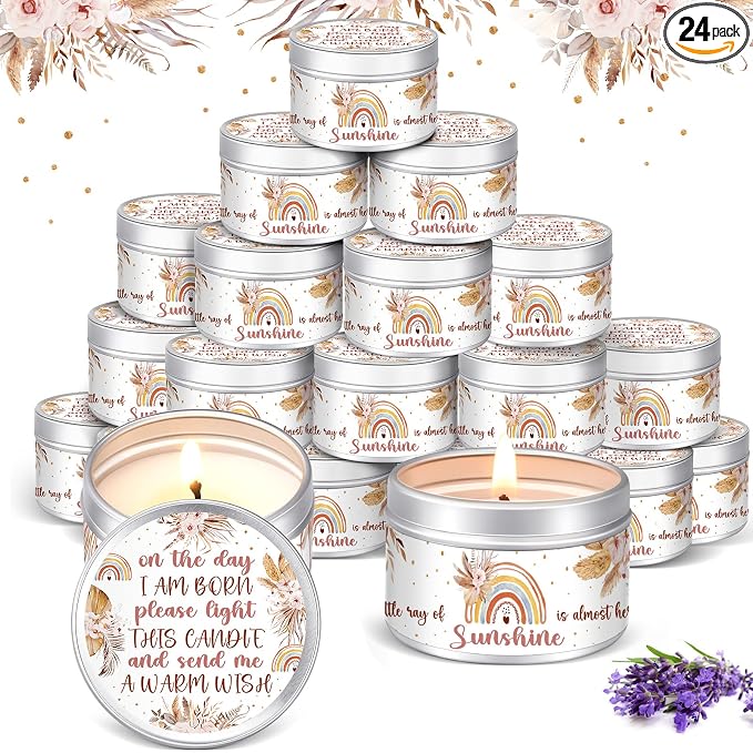 MTLEE 24 Pcs Boho Baby Shower Party Favors Candles Lavender Scented Baby Shower Favors for Guests Rustic Tealights Candles Gender Reveal Return Gifts (1.2 oz, Khaki)