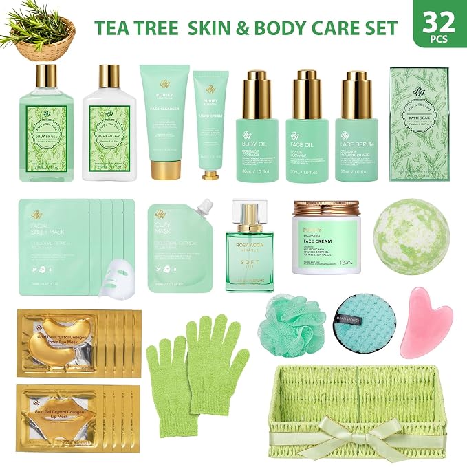 Gifts for Women & Men, 32 Pcs Tea Tree Spa Gift Basket for Women & Men, Fathers Day Gifts for Dad, Hydrating Face Skin Care Kit, Bath & Body Gift Basket Set, Self-Care Gift Set, Birthday, Anniversary