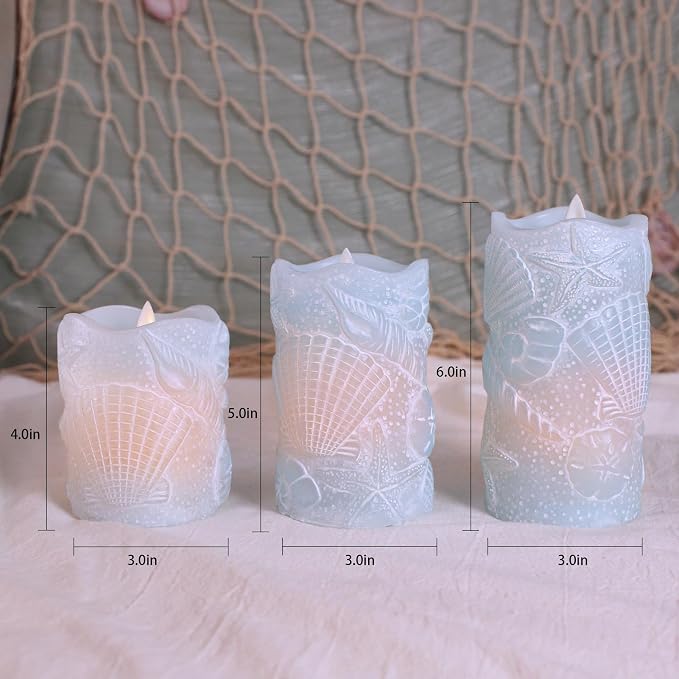 Ocean Flameless Candles Remote Carved Seashell Real Wax Flicker Battery Operated Candles for Home Party Wedding Nautical Thanksgiving Christmas Easter Decor - Set of 3(Blue)