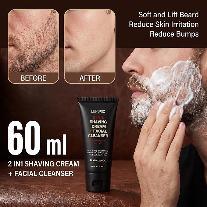 Shaving Kit, TSA Approved Travel Size Grooming Set - 60ml 2-in-1 Facial Cleanser & Shaving Cream, Shaving Brush and Bowl & 30g Solid Aftershave Balm, Gift Set for Men Boyfriend Stocking Stuffers