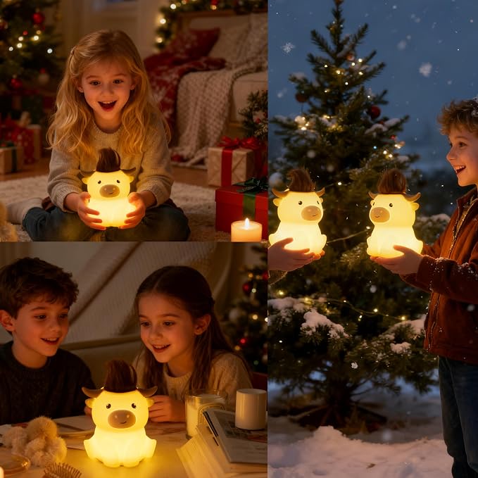 Led Cute Highland Cow Night Light, Dimmable Timer Nursery Kawaii Lamps, Super Squishy Silicone USB Rechargeable Touch Control Night Lamp, Used for Camping Party Room Decor (Highland Cow)