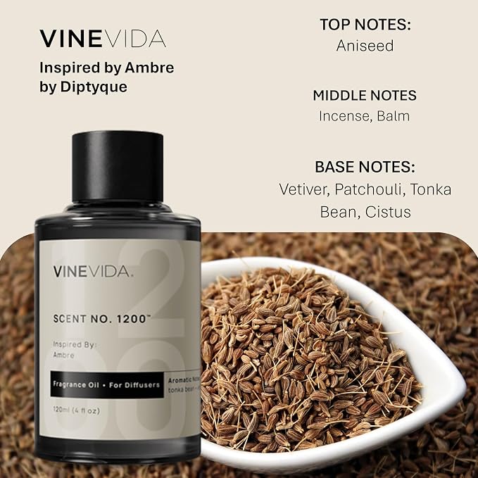 VINEVIDA [4 Fl Oz] Scent NO. 1200 Fragrance Oil for Cold Air Diffusers, Aromatic Notes of Aniseed, Incense, Balm, Patchouli & Cistus Essential Oils for Diffuser Oil Refill & Air Freshener Spray