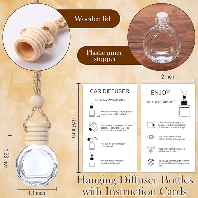Boao 25 Sets Hanging Car Air Freshener Diffuser Bottles Empty Bulk with Car Diffuser Instruction Cards Organza Bags Glass Refillable Essential Oil Fragrance Aromatherapy Pendant (Round,Clear)