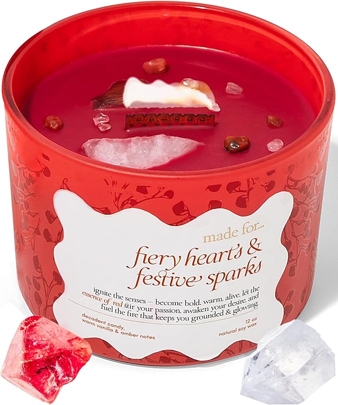 Red Crystal Candle for Women – 12oz Large Luxury Soy Wax with Crackling Wood Wick, Slow Burn Meditation with Healing Crystals, Birthday or Mother’s Day Gift