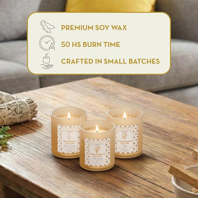 Set of 3 Energy Cleansing & Manifestation Smudge Candles - Palo Santo, White Sage, Citronella - Candle Pack for Home with 45-50 Hour Burn - Soy Wax Aromatherapy Spiritual Gift Set