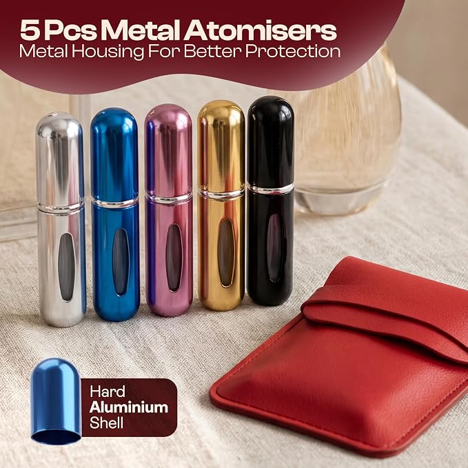 5ml Travel Perfume Bottle Refillable Atomizer Sprayer for Perfume,Leakproof Perfume Atomizer Travel, Portable Refillable Perfume Bottles, (Blue, Black, Pink, Gold, Silver + Leather Pouch)