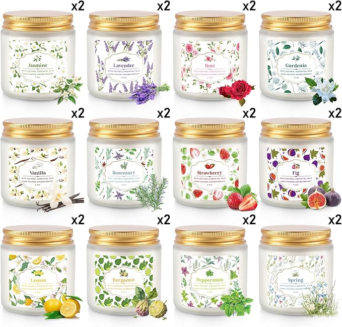 Scented Candle Set 24 Pack,White, Candle for Home Scented, Odor Eliminating, Stress Relief, Long Lasting Soy Wax Gift Set