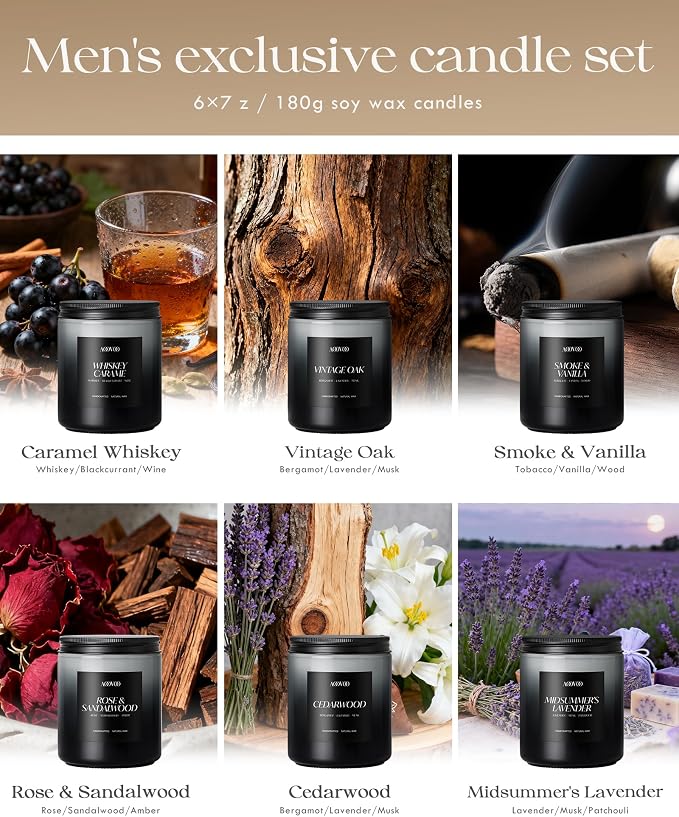 AOOVOO Scented Candles Set for Men - 6 Pack Mens Candles for Home Scented, 42 oz Soy Wax, 300 Hour Long Lasting Candle, Soy Candle Gifts Set for Men, Birthday, Valentine, Christmas