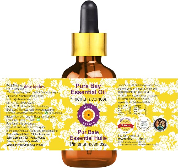 dève herbes Bay Essential Oil (Pimenta racemosa) with Glass Dropper | Pure | Non-Sticky | Non-Greasy | Lightweight | Men & Women | All Skin Types | Steam Distilled 50ml (1.69 oz)