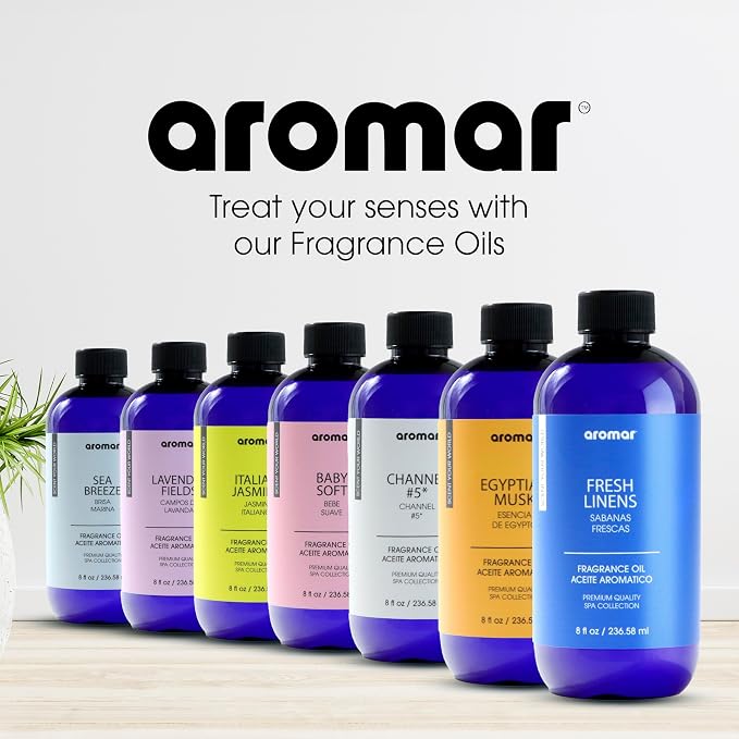 AROMAR Premium Fragrance Oil, Long-Lasting, Refreshing Uplifting Aroma for Aromatherapy, Relaxation & Household Uses. Assorted Scents 8oz (Egyptian Musk, Channel #5, Cool Waters, Lavender Fields)