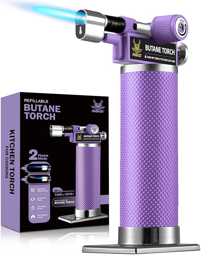 RAVS 2 Flame Mode Butane Torch Lighter, Refillable Kitchen Torch | Metal Body Cooking Torch for Baking, BBQ, Soldering Torch with Adjustable Flame & Safety Buckle,Purple, Gas Not Included