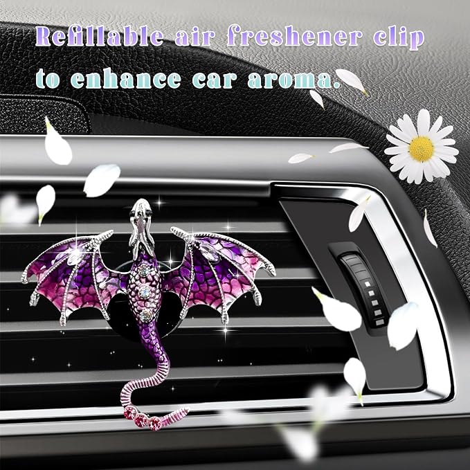 2PCS Bling Wyvern Car Air Freshener Vent Clips, Alloy Enamel Dragon Auto Outlet Clips with Fragrance Tablets, Refillable Cute Flying Dragon Crystal Vent Clip Aroma Diffuser (Purple)