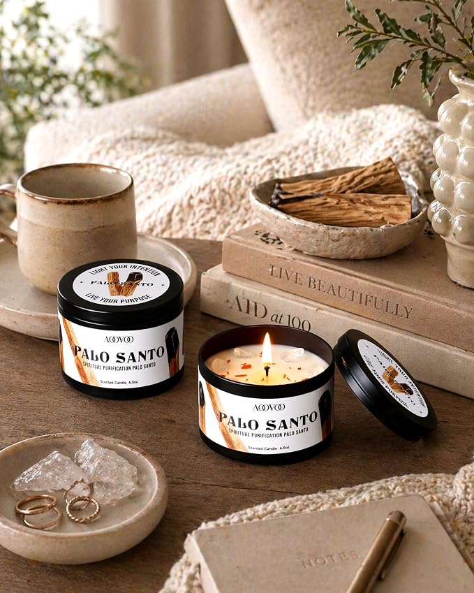 AOOVOO 2 Pack Palo Santo Candles – Cleansing Candle with Crystals & Palo Santo Wood Inside, 13oz 100 Hours Long Lasting, Non Toxic Candle for Spiritual House Energy Meditation Yoga