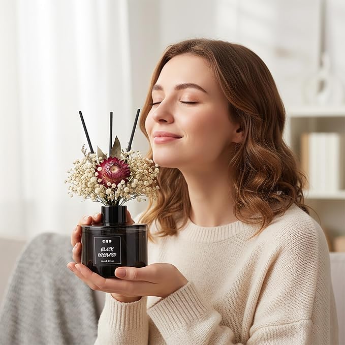 Reed Diffuser Set with Dried Flowers, 5.1 fl oz / 150ml, Black Orchard - Home Fragrance Diffuser with Sticks for Bathroom Shelf Decor, Bedroom, Office & Gift