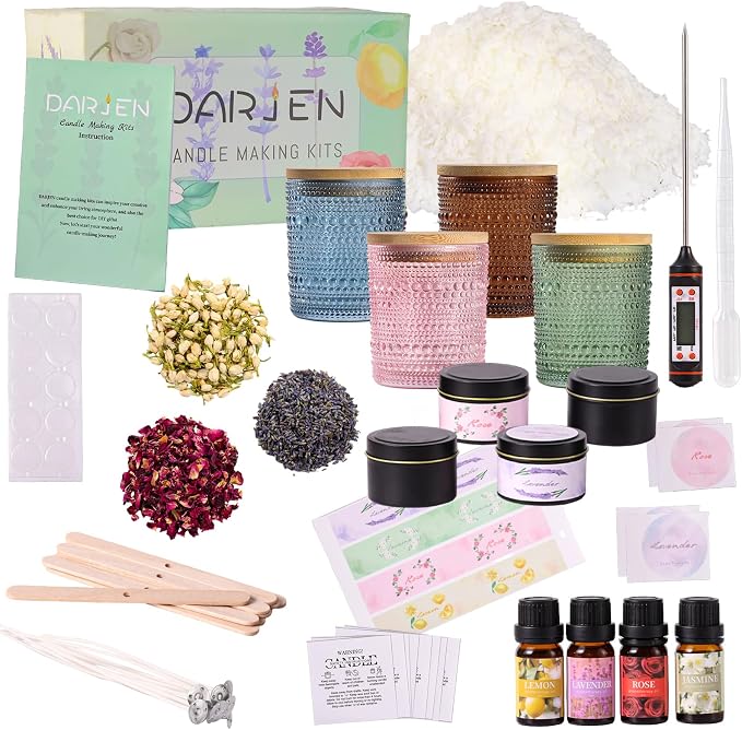 DARJEN Candle Making Kits for Adults - Candle Making Supplies with 4 Candle Jars(Blue, Pink, Amber, Green), Candle Tins, Soy Wax, Scents, Dried Flower & More, DIY Starter Candle Making Kit Home Decor