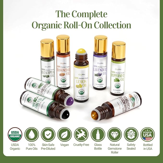 Peppermint Essential Oil Roll On for Nausea Relief Morning Sickness Pregnancy - 100% Pure USDA Organic MCT Coconut Oil - Headache Migraine Pregnant Women Safe Cooling - Gemstone Roller 10ml Travel