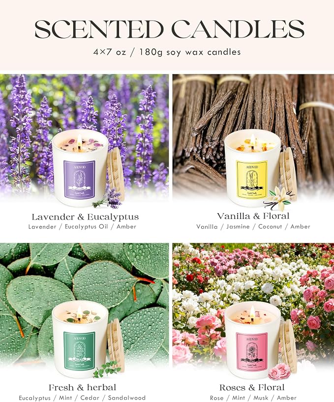 AOOVOO Rose/Vanilla/Eucalyptus/Lavender Scented Candles for Women - Aromatherapy Candle with Crystals Inside, 28oz Soy Candles for Home Scented, Birthday Gifts Mothers Day Candle for Women Mom