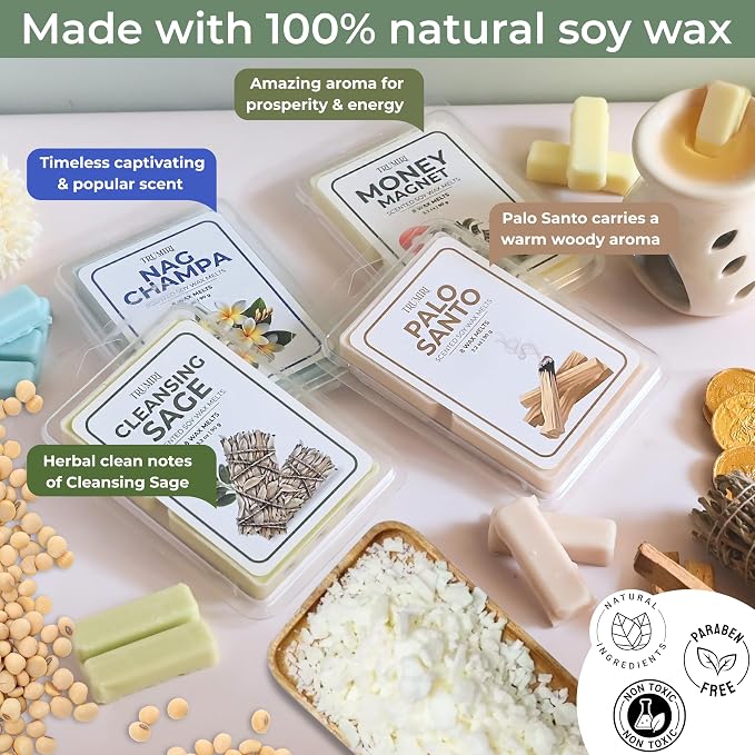 Scented Wax Melts Variety Pack Palo Santo|Cleansing Sage|Money Wealth|Nag Champa - Made With Non Toxic Soy Wax And Essential Oils - Long Lasting Strong Scent Pet Safe Candle Wax Cubes For Warmers