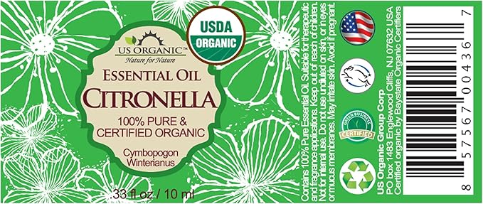 US Organic Citronella Essential Oil, Certified Organic, Pure & Natural, Improved caps and droppers. Used for Skin Care, DIY Projects Like Candle Making and Much More (10 ml.33 fl oz)