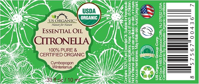 US Organic Citronella Essential Oil, USDA Certified, 100% Pure, 10 ml Pack of 2, Improved caps and droppers – Used for Skin Care, Many DIY Projects Like Candle Making and Much More