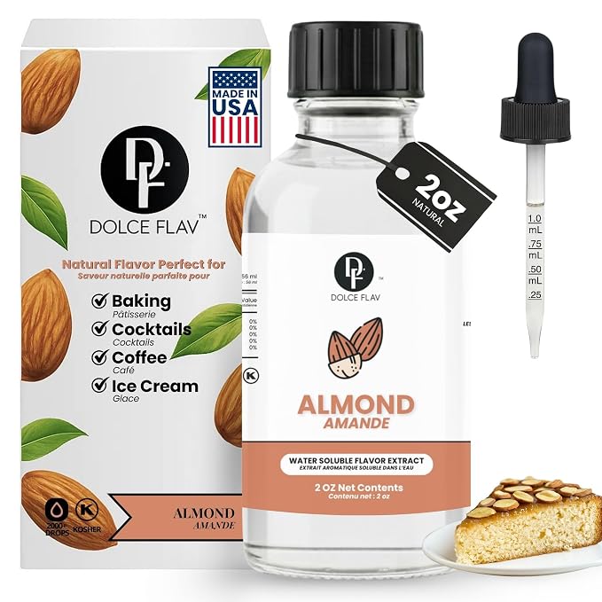 Dolce Flav Natural Almond Extract – 2 Ounce Water-Soluble Kosher, Sugar-Free, Concentrated Birthday Cake Flavor for Frosting, Cupcakes & Ice Cream, Includes Measured Dropper