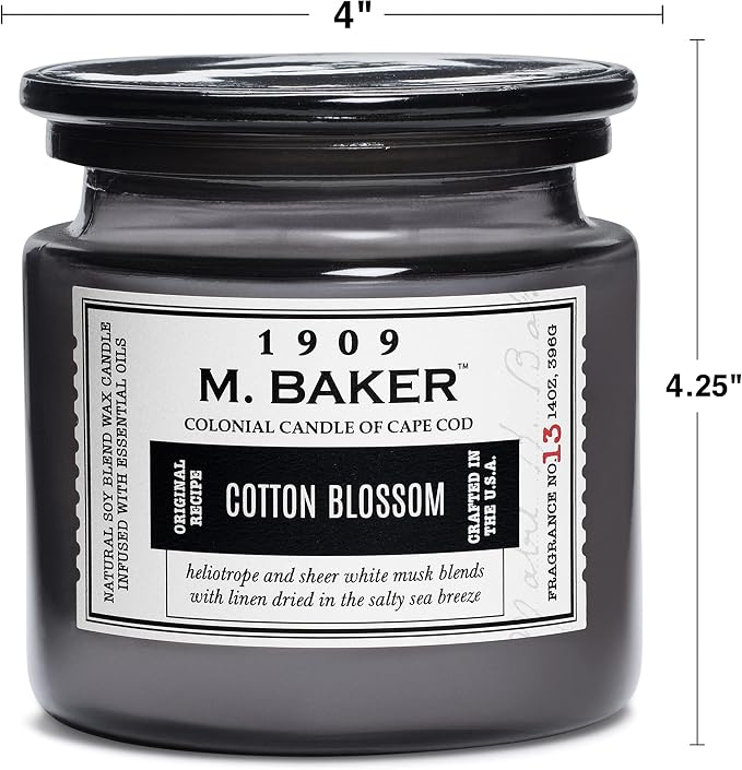 Colonial Candle Cotton Blossom Scented Jar Candle | 2-Wick Natural Soy Blend Wax Candle for Home | Relaxing Aromatherapy Candle Infused with Essential Oils | M. Baker Apothecary Glass Jar Candle