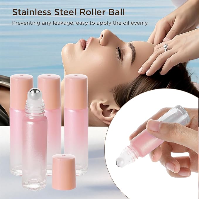 SESENSE Essential Oil Roller Bottles, 10ml Thick Glass Perfume Roller Bottles with Funnel Opener and Dropper Colored Glass Empty Bottles with Stainless Steel Roller Balls (Pink, 12 Pack)