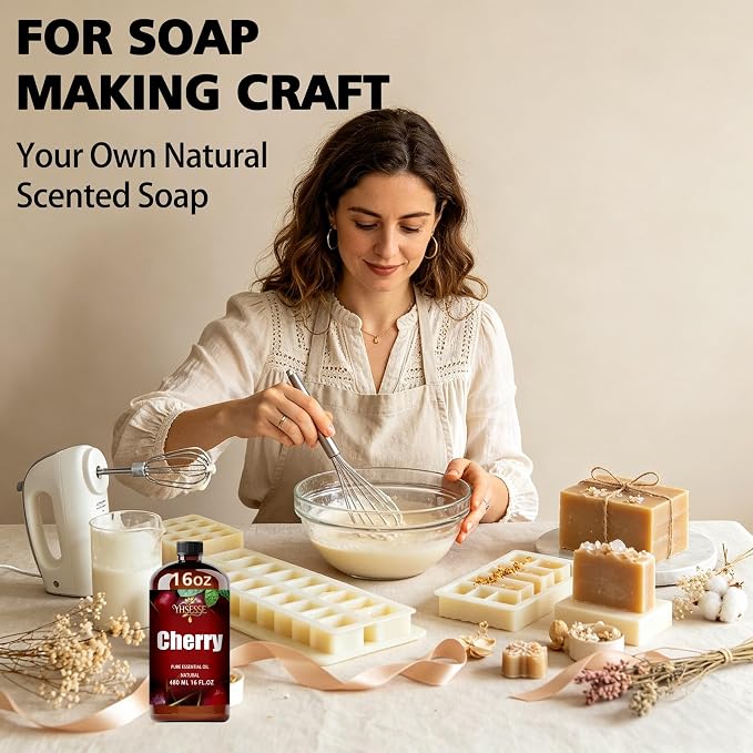 Cherry Essential Oil, Cherry Oil 16 Fl Oz 480ml for Diffuser Yoga Soap & Candle Making – with 0.33 Oz Roller Ball & Funnel YHSESSE Essential Oils