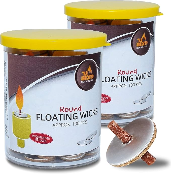 Ner Mitzvah Round Floating Wicks, Cotton Wicks and Cork Disc Holders for Oil Cups, Bonus Wick Removal Tweezers - 200 Count (Approx)