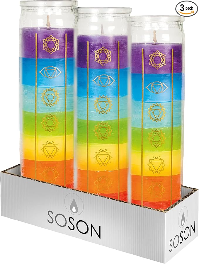 Simply Soson 2x8 inch 7 Chakra Candle Unscented Devotional Candle in Glass Jar - Set of 3 – Glass Prayer Candle - Promotes Positive Energy, Meditation & Relaxation