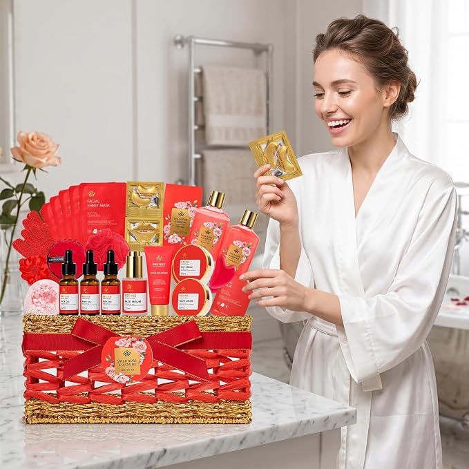 Gifts for Women, 32 Pcs Red Rose Bath and Body Basket Gifts for Women, Hydrating Face Skin Care Kit, Home Spa Self Care Gifts Basket Set, Birthday, Christmas, Mother's Day, Bridal Shower, Anniversary