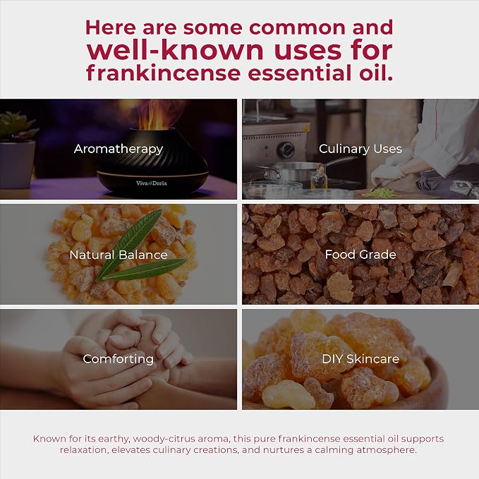 Viva Doria Frankincense Essential Oil, 100% Pure, Natural Essential Oil, Undiluted, for Aromatherapy | Food Grade, 15 mL (0.5 Fluid Ounce)