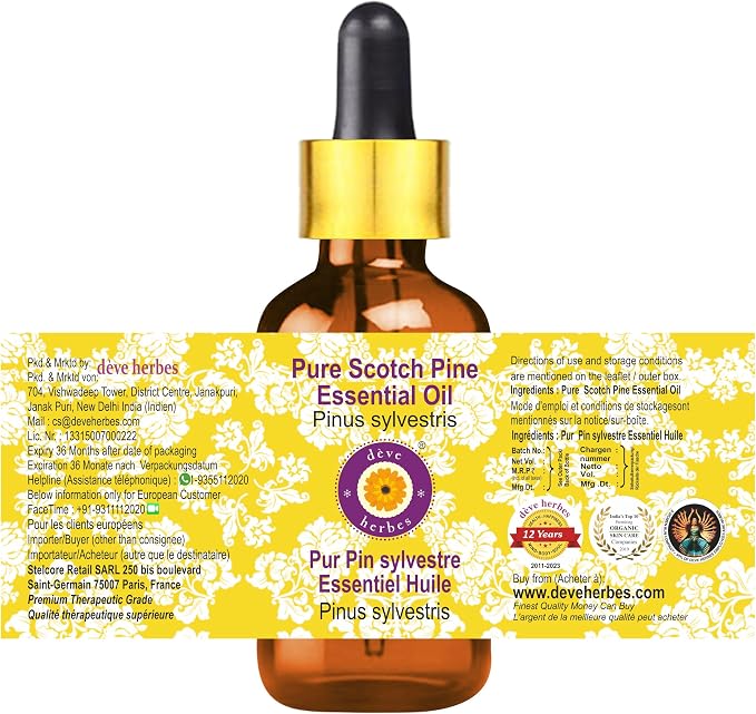 Deve Herbes Pure Scotch Pine Essential Oil (Pinus sylvestris) Steam Distilled with Glass Dropper 5ml (0.16 oz)
