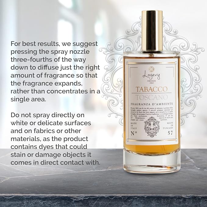 Logevy Firenze 1965 Tabacco Toscano – Tuscan Tobacco Luxury Home Fragrance Spray from Master Perfumer in Italy with Sweet Musky Notes to Captivate The Senses & Enliven Any Room – 100ml