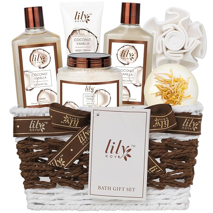 Coconut Vanilla Spa Gifts Bath Kit, 7Pcs Moisturizing Gift Set for Women Men