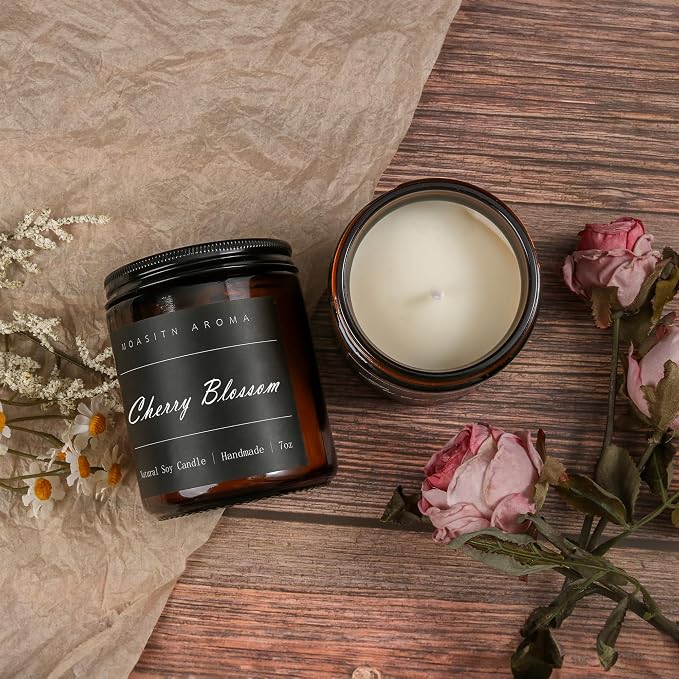 MOASITN Cherry Blossom Heavenly Scented Candles for Home| Natural Soy Aromatherapy Candle| Handmade Long Lasting Jar Candel| Women,Men Gift for Birthday,Housewarming,Thank You| 7oz