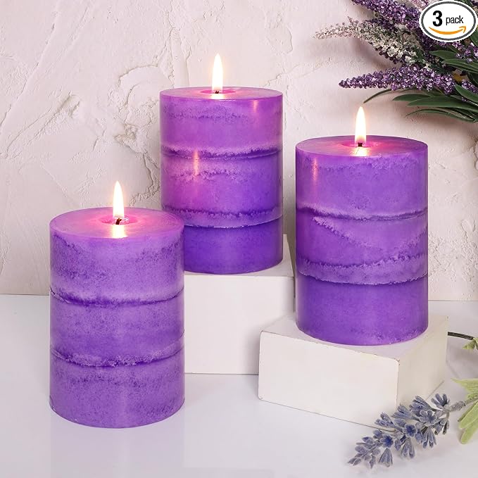 Dark Purple Pillar Candles Lavender Scented Decorative Aesthetic Long Clean Burning Fragrance Candle for Wedding Meditations Modern Home Decor Set of 3