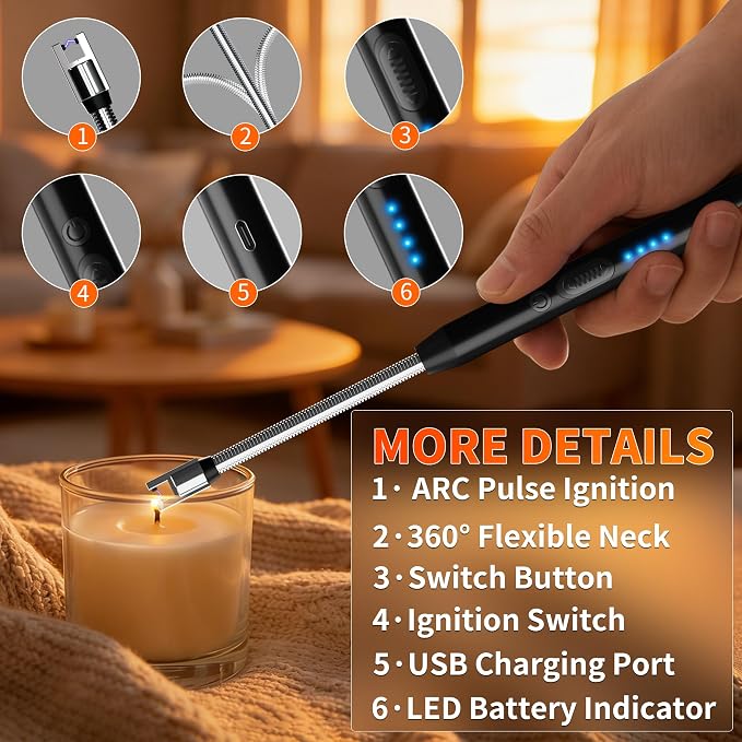 2 Pack Rechargeable Type C Electric Lighters, Black | Flameless and Windproof, Plasma Arc, 360° Long Reach Flexible Neck, LED Power Display, For Candles, BBQ Grill & Camping