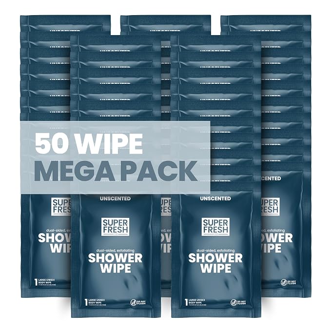 Super Fresh Shower Wipes Large Unscented Body Wipes for No Rinse Bathing Personal Hygiene Gym Travel or Camping Enriched with Aloe and Vitamin E 50 Individually Wrapped Disposable Sheets