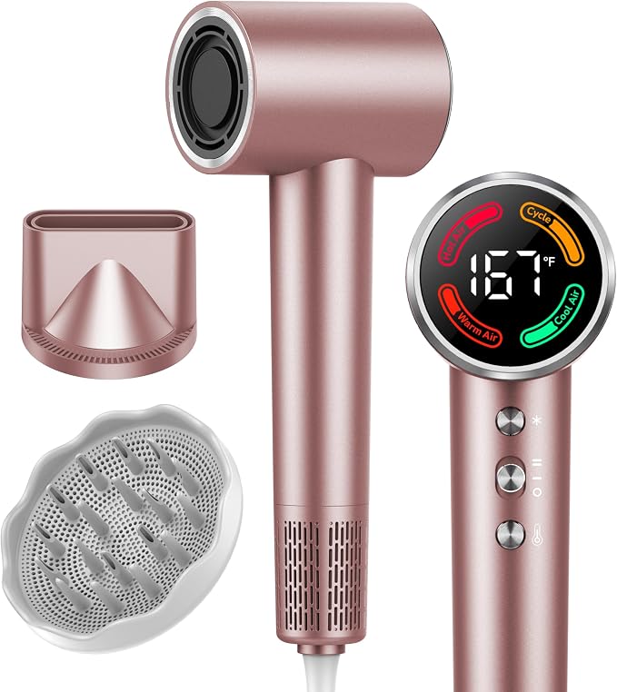 FAMOO Hair Dryer, 160,000 RPM High-Speed Ionic Blow Dryer with Diffuser and Concentrator Nozzle, 500 Million Negative Ions,Fast Drying, LED Display,Light and Quiet,For All Hair Types,For Home & Travel