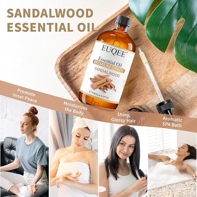 EUQEE Sandalwood Essential Oil(4 oz/118 ml) Sandalwood Oil Oil with Glass Dropper, Great for Diffusers, Soap & Candle Making