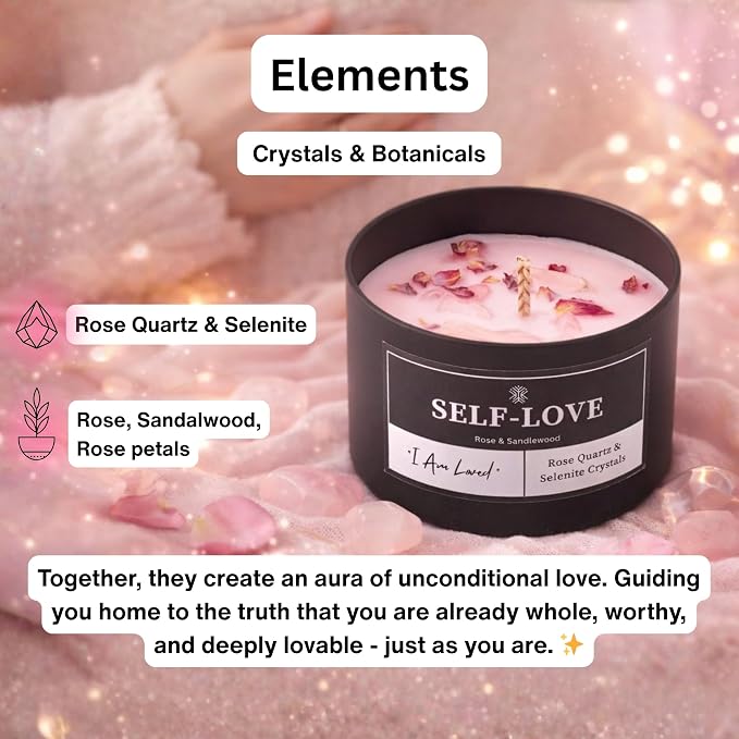 Self-Love Crystal Candle for Meditation and Room Decor, 8oz, Infused with Rose Quartz & Selenite Crystals, Rose & Sandalwood Essential Oil Scented Candles, Soy Wax Blend, Non Toxic Candles